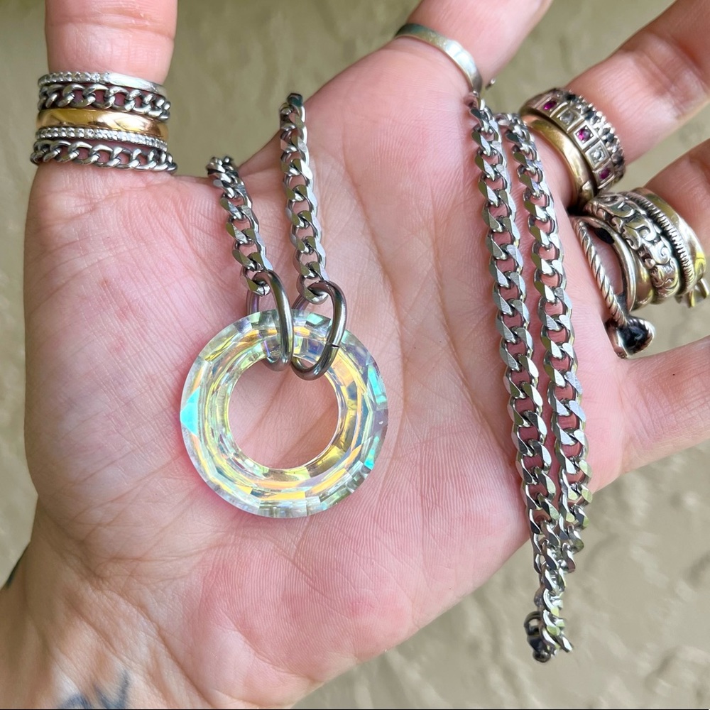 Rainbow Crystal necklace . Swarovski iridescent circle steel cuban chain choker - Picture 12 of 16
